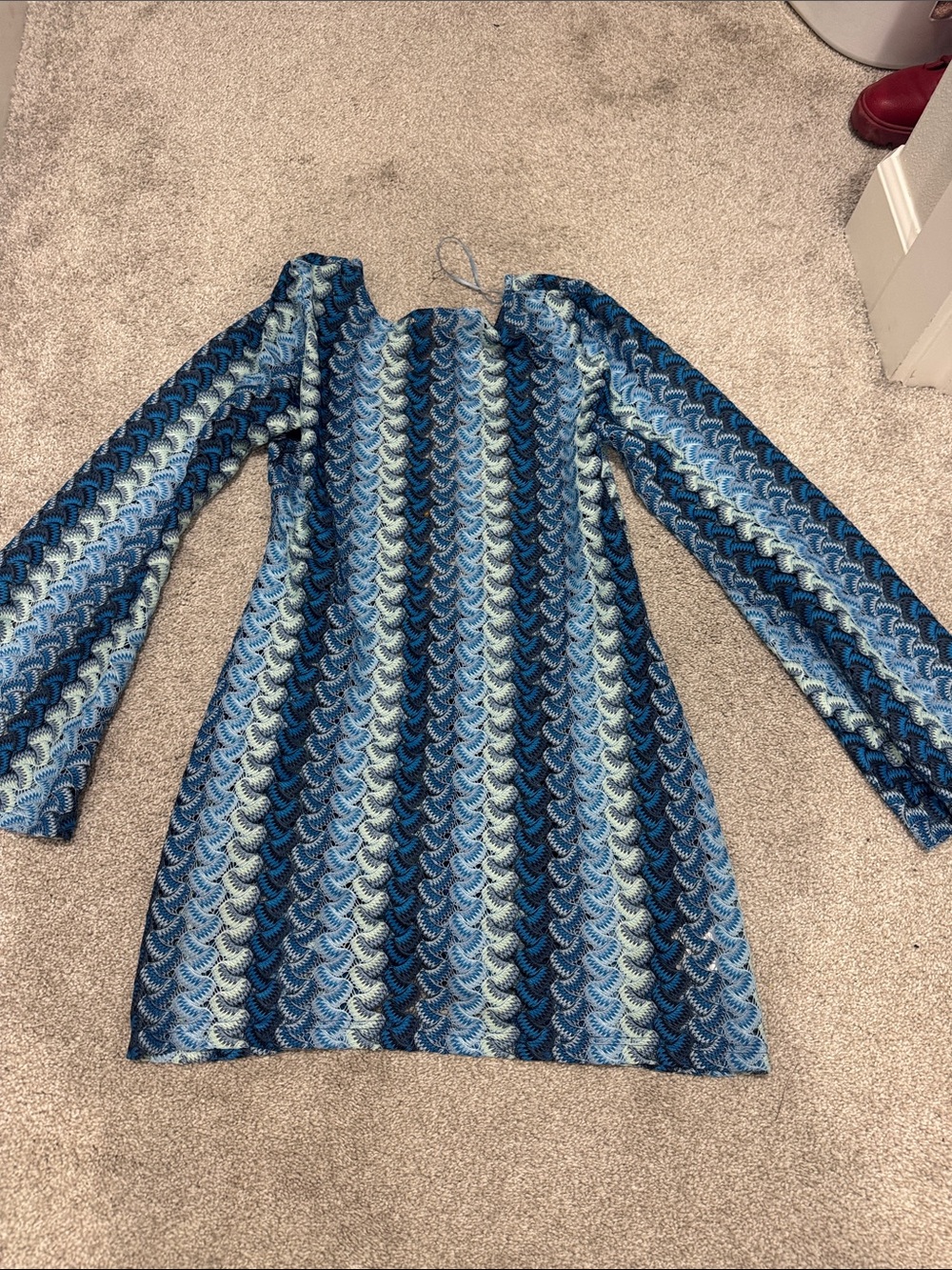 Lulu's Blue Multi-Stripe Long Sleeve Mini Dress Swim coverup